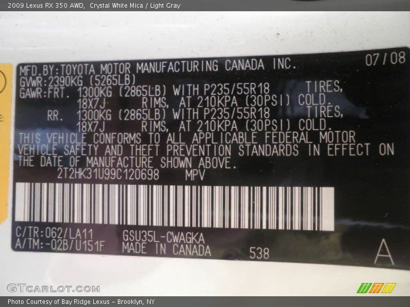 Crystal White Mica / Light Gray 2009 Lexus RX 350 AWD