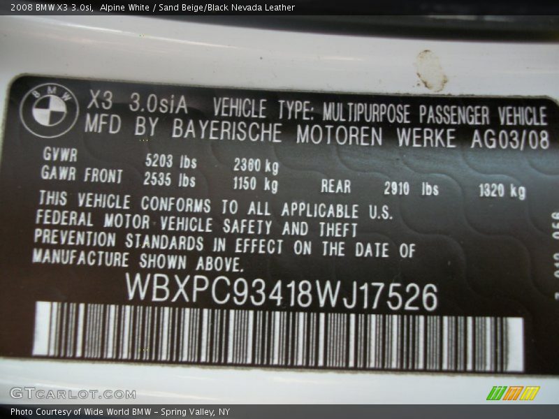 Alpine White / Sand Beige/Black Nevada Leather 2008 BMW X3 3.0si