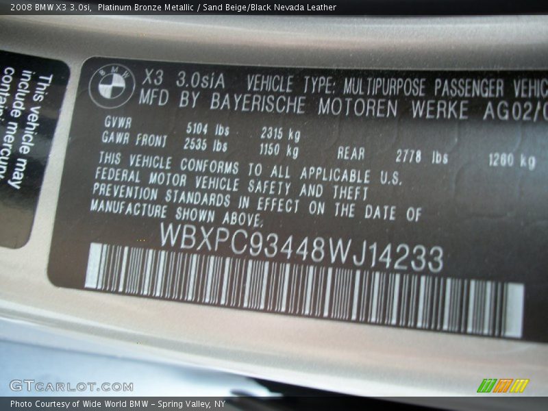 Platinum Bronze Metallic / Sand Beige/Black Nevada Leather 2008 BMW X3 3.0si