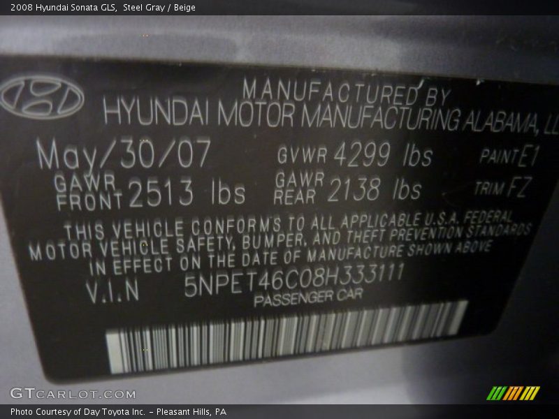 Steel Gray / Beige 2008 Hyundai Sonata GLS