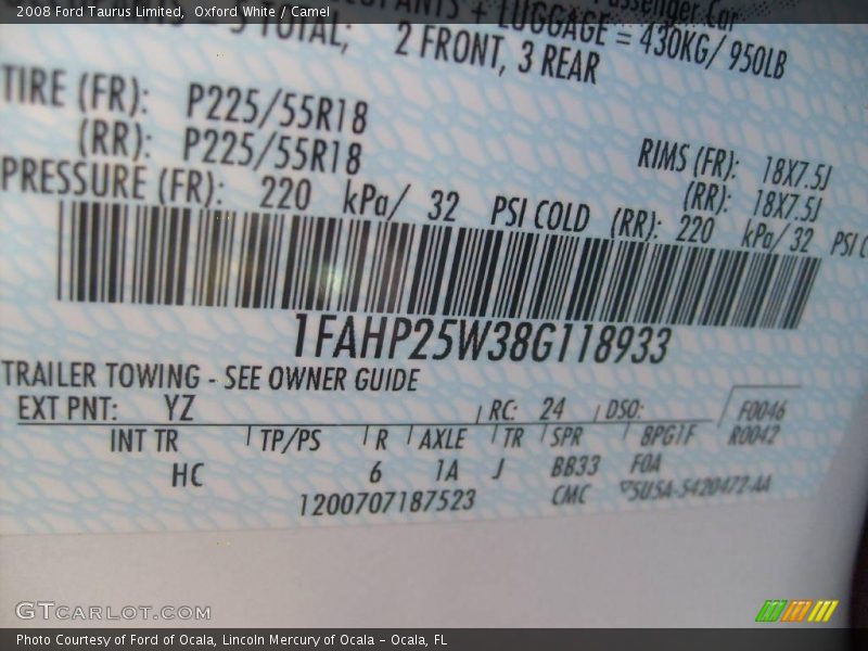 Oxford White / Camel 2008 Ford Taurus Limited
