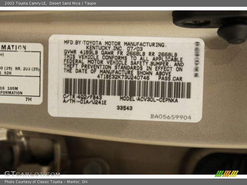 Desert Sand Mica / Taupe 2003 Toyota Camry LE