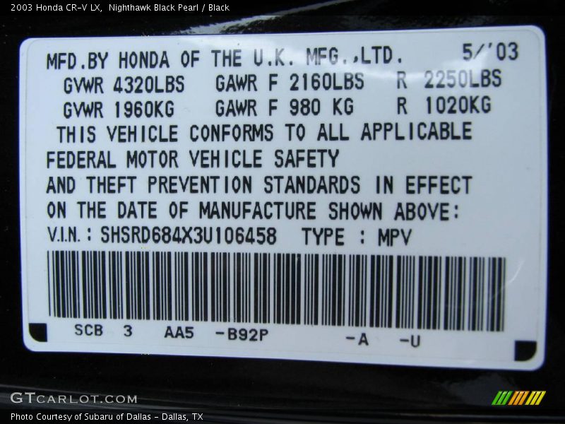 Nighthawk Black Pearl / Black 2003 Honda CR-V LX