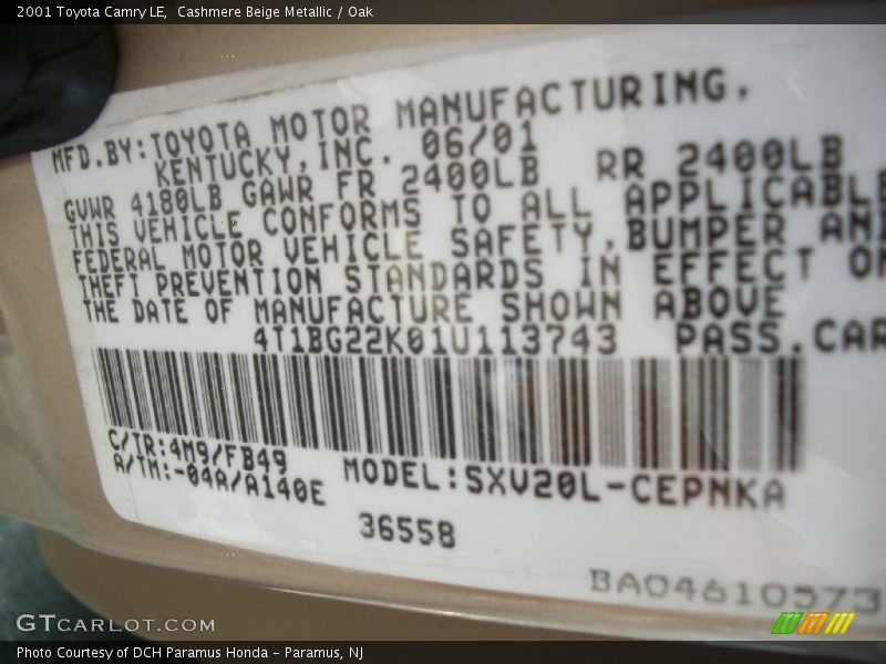 Cashmere Beige Metallic / Oak 2001 Toyota Camry LE