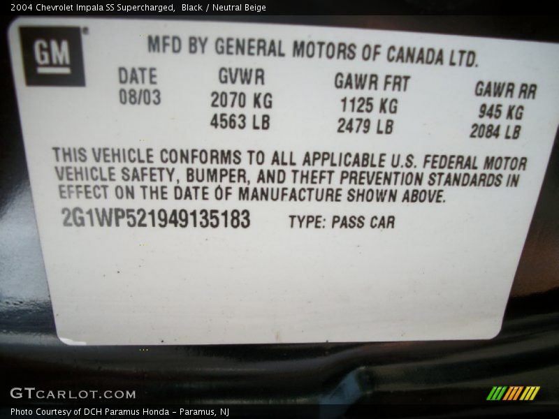 Info Tag of 2004 Impala SS Supercharged
