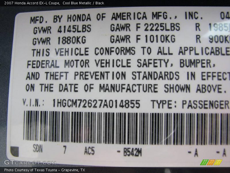 Cool Blue Metallic / Black 2007 Honda Accord EX-L Coupe