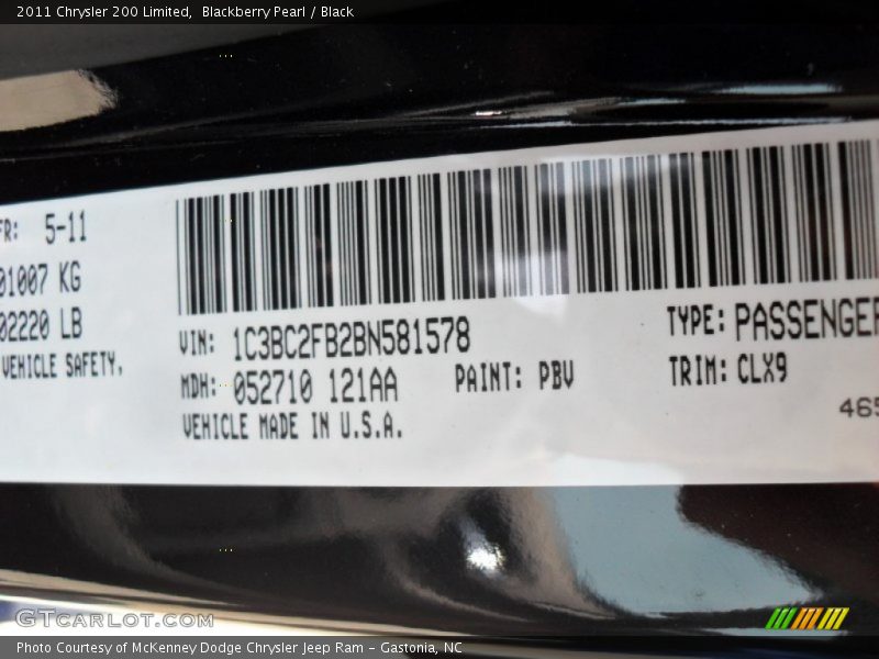 2011 200 Limited Blackberry Pearl Color Code PBV