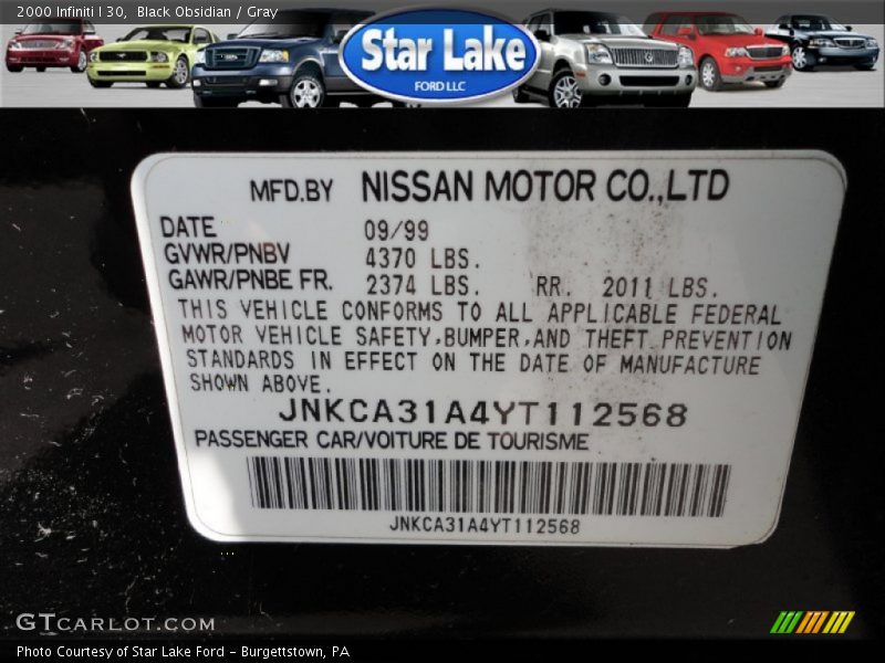 Black Obsidian / Gray 2000 Infiniti I 30