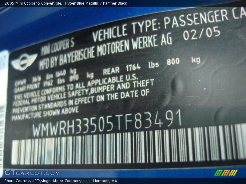 Hyper Blue Metallic / Panther Black 2005 Mini Cooper S Convertible