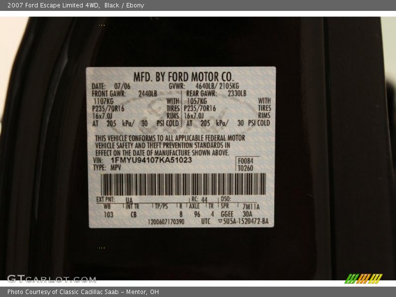 2007 Escape Limited 4WD Black Color Code UA