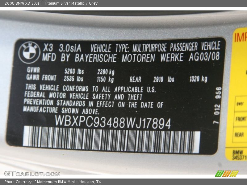 Titanium Silver Metallic / Grey 2008 BMW X3 3.0si