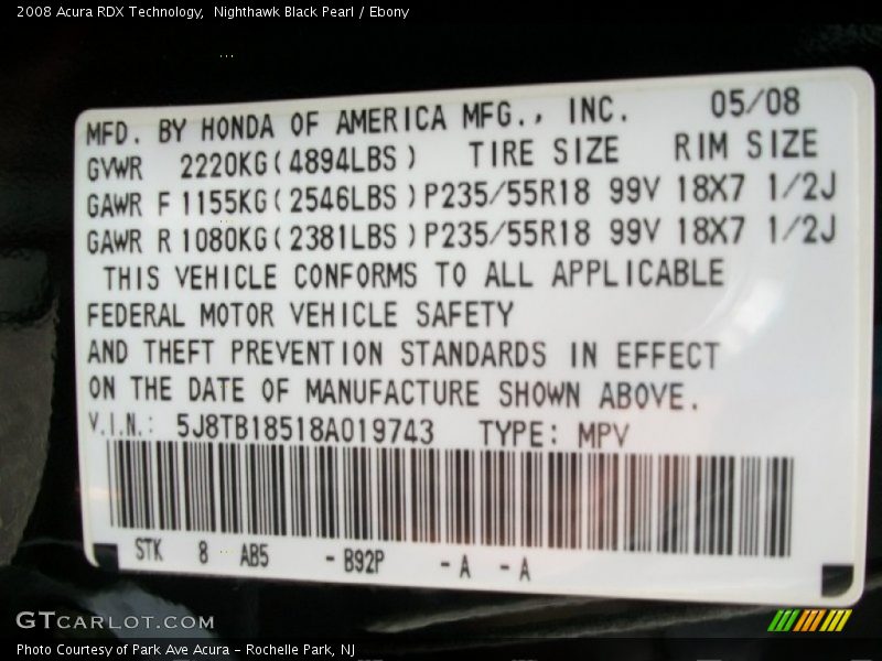 Nighthawk Black Pearl / Ebony 2008 Acura RDX Technology