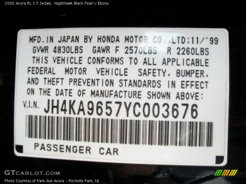 Info Tag of 2000 RL 3.5 Sedan