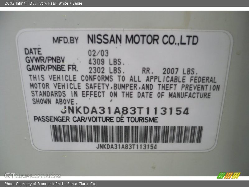 Ivory Pearl White / Beige 2003 Infiniti I 35