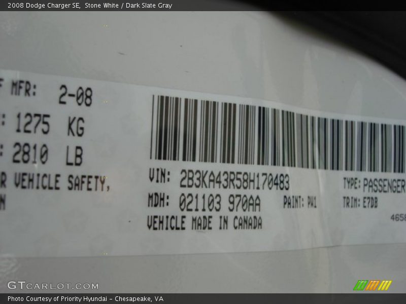 Stone White / Dark Slate Gray 2008 Dodge Charger SE