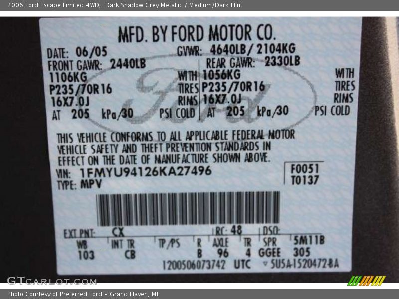 2006 Escape Limited 4WD Dark Shadow Grey Metallic Color Code CX