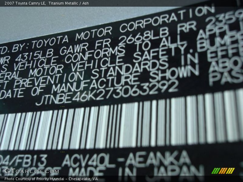 Titanium Metallic / Ash 2007 Toyota Camry LE