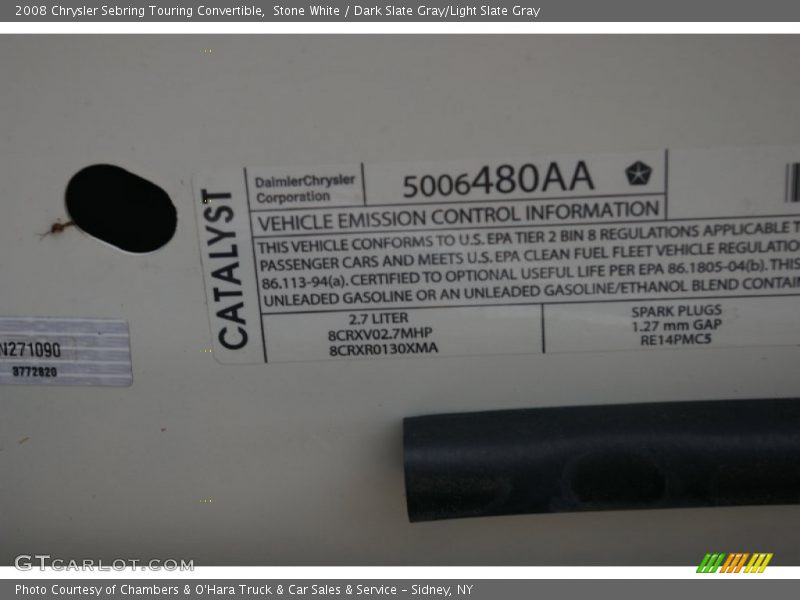 Info Tag of 2008 Sebring Touring Convertible