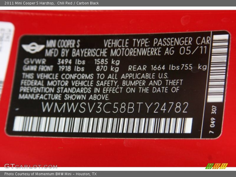 Chili Red / Carbon Black 2011 Mini Cooper S Hardtop