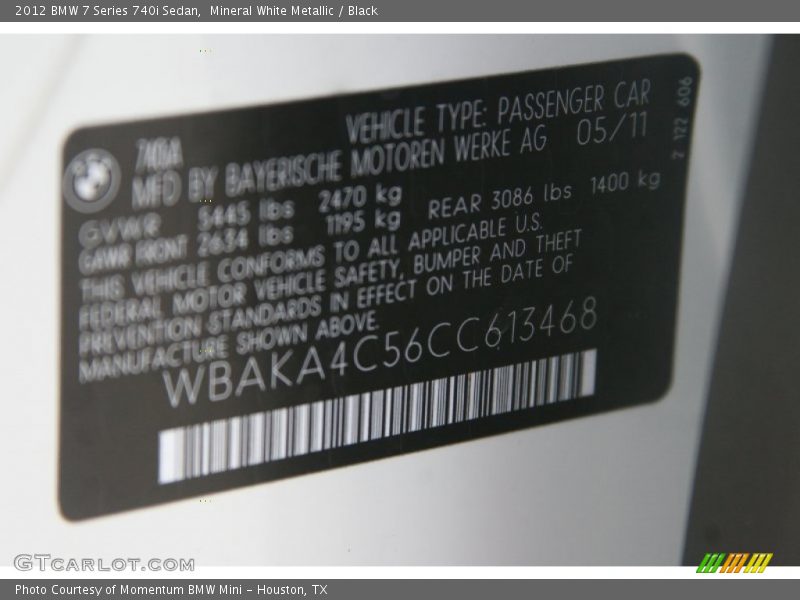 Mineral White Metallic / Black 2012 BMW 7 Series 740i Sedan