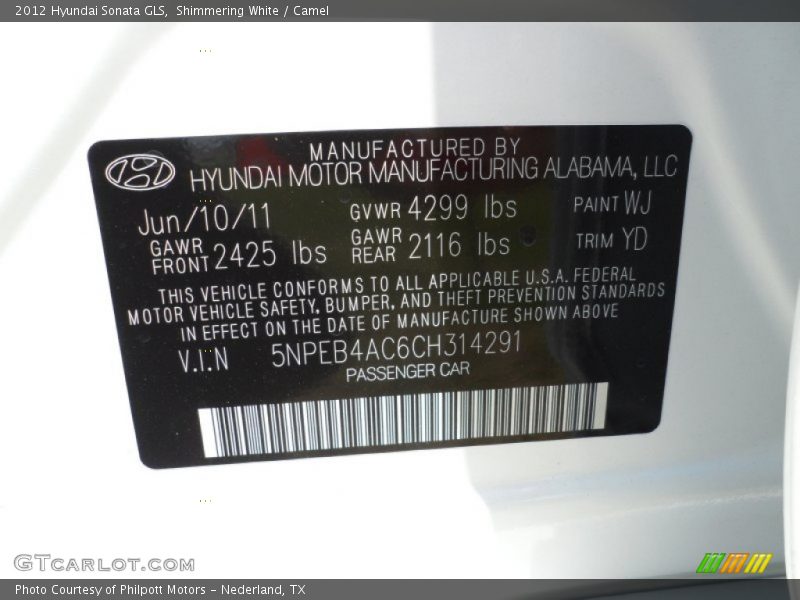 Shimmering White / Camel 2012 Hyundai Sonata GLS