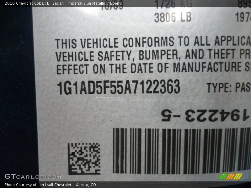 Imperial Blue Metallic / Ebony 2010 Chevrolet Cobalt LT Sedan