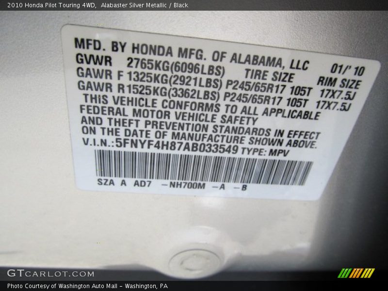 Alabaster Silver Metallic / Black 2010 Honda Pilot Touring 4WD
