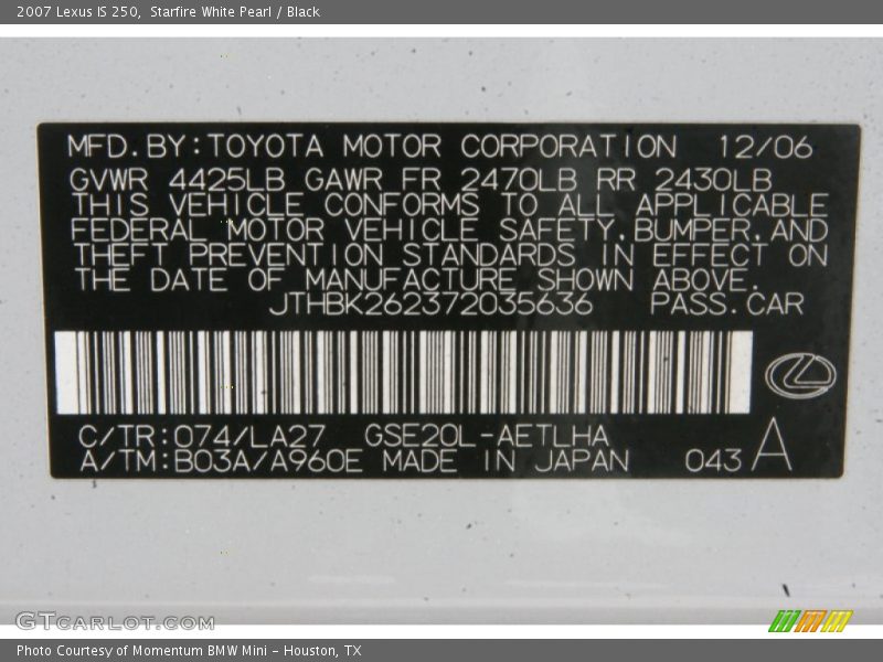 Starfire White Pearl / Black 2007 Lexus IS 250