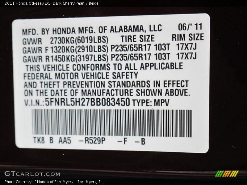 2011 Odyssey LX Dark Cherry Pearl Color Code R529P