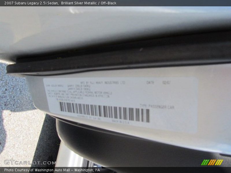 Brilliant Silver Metallic / Off-Black 2007 Subaru Legacy 2.5i Sedan