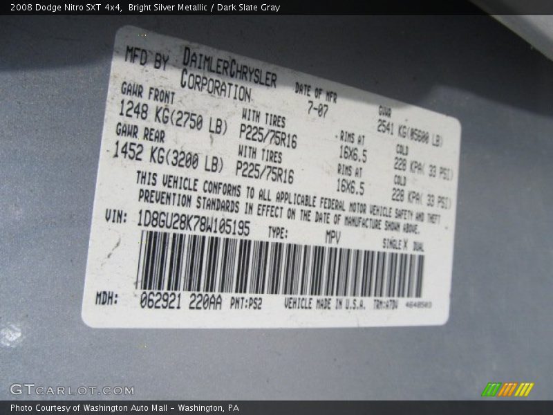 Bright Silver Metallic / Dark Slate Gray 2008 Dodge Nitro SXT 4x4