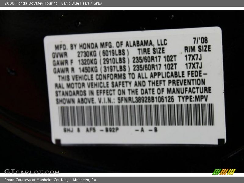Baltic Blue Pearl / Gray 2008 Honda Odyssey Touring