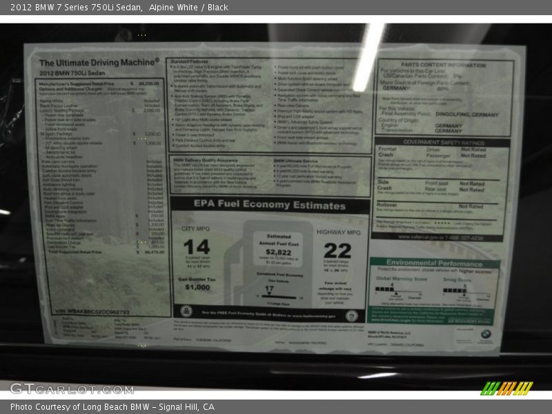  2012 7 Series 750Li Sedan Window Sticker