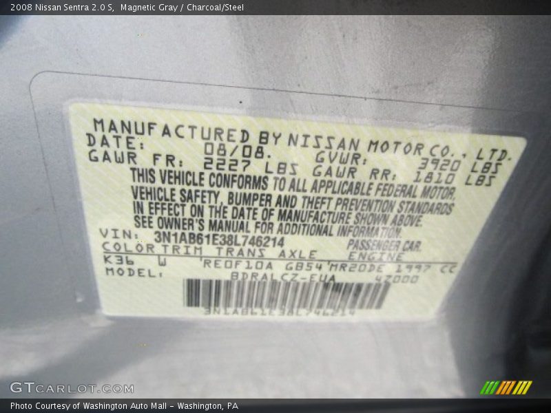 Magnetic Gray / Charcoal/Steel 2008 Nissan Sentra 2.0 S