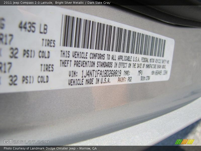 Bright Silver Metallic / Dark Slate Gray 2011 Jeep Compass 2.0 Latitude