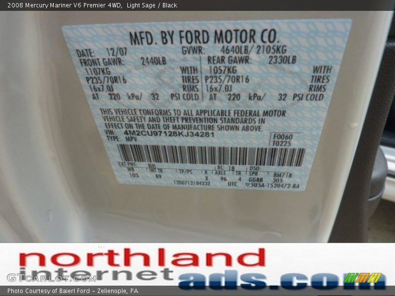 Light Sage / Black 2008 Mercury Mariner V6 Premier 4WD