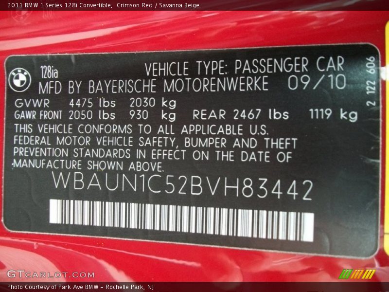 Info Tag of 2011 1 Series 128i Convertible
