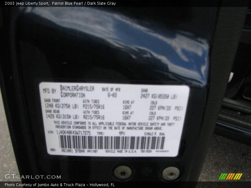 Patriot Blue Pearl / Dark Slate Gray 2003 Jeep Liberty Sport