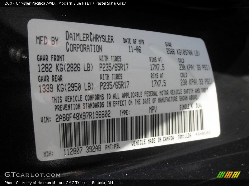 Modern Blue Pearl / Pastel Slate Gray 2007 Chrysler Pacifica AWD
