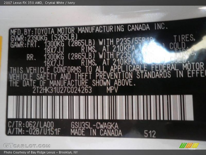 Crystal White / Ivory 2007 Lexus RX 350 AWD