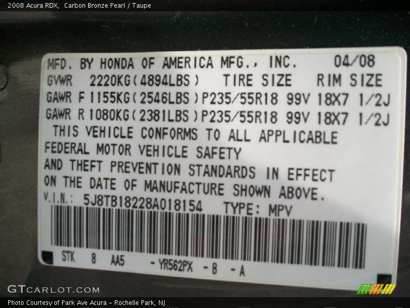 Carbon Bronze Pearl / Taupe 2008 Acura RDX