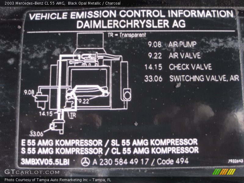 Info Tag of 2003 CL 55 AMG