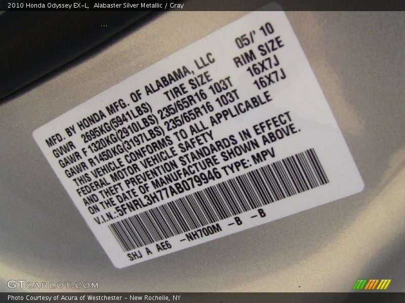 Alabaster Silver Metallic / Gray 2010 Honda Odyssey EX-L