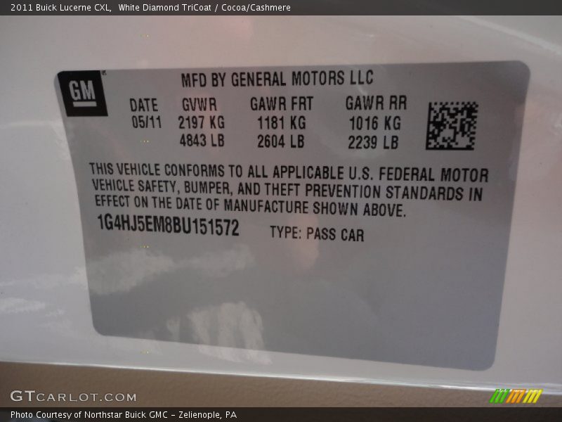 White Diamond TriCoat / Cocoa/Cashmere 2011 Buick Lucerne CXL