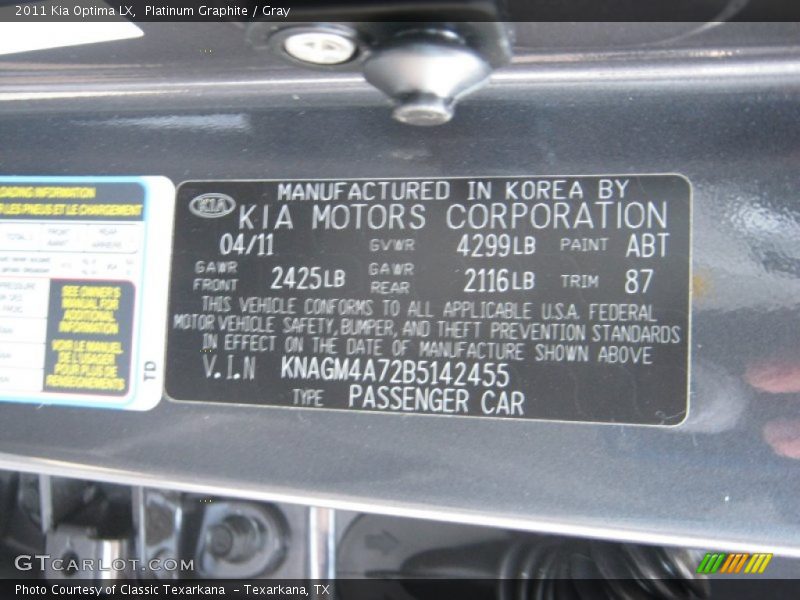 Platinum Graphite / Gray 2011 Kia Optima LX