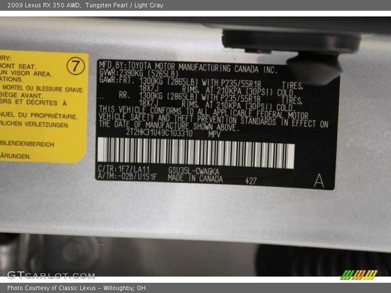 Tungsten Pearl / Light Gray 2009 Lexus RX 350 AWD