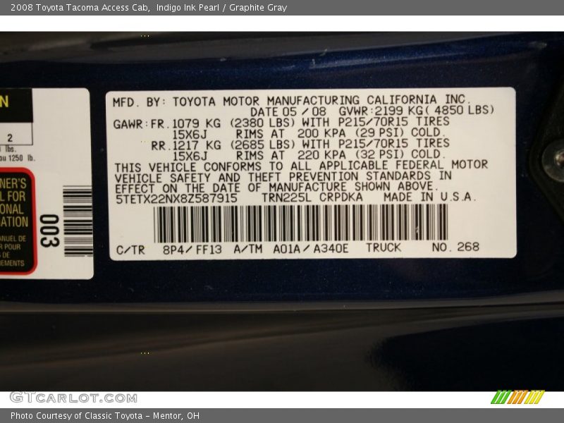 2008 Tacoma Access Cab Indigo Ink Pearl Color Code 8P4