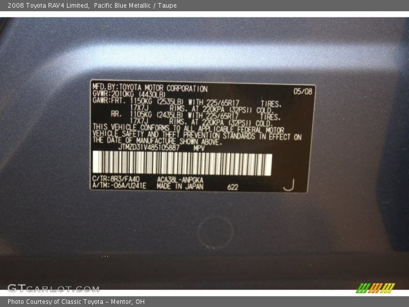 Pacific Blue Metallic / Taupe 2008 Toyota RAV4 Limited