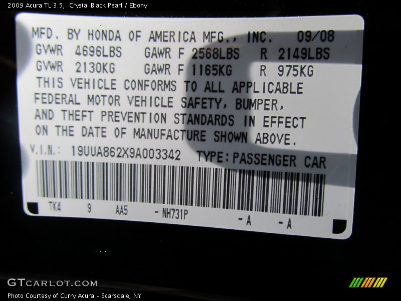 Crystal Black Pearl / Ebony 2009 Acura TL 3.5