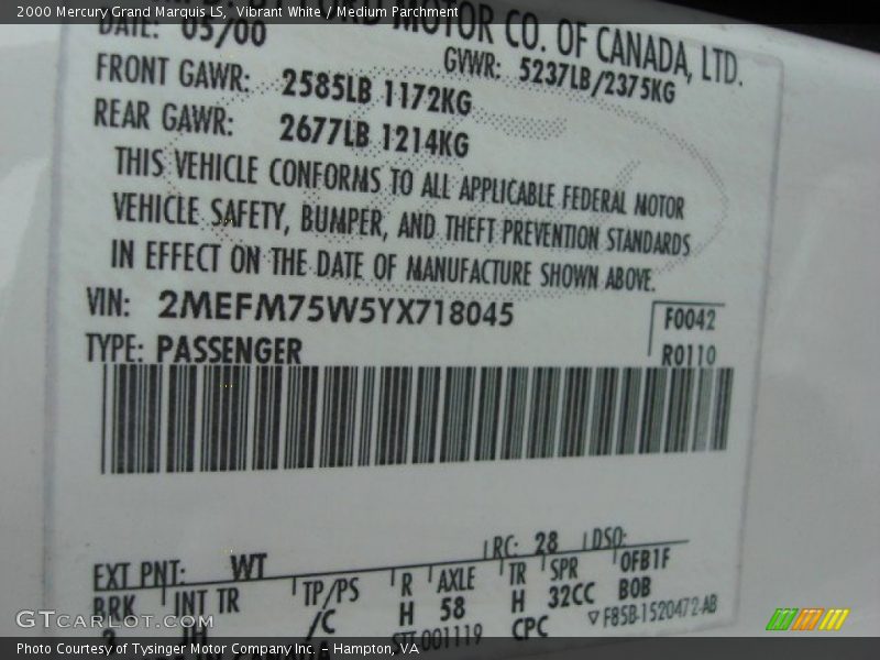 Vibrant White / Medium Parchment 2000 Mercury Grand Marquis LS
